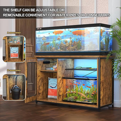 55-75 Gallon Fish Tank Stand with Power Outlets & LED Light, Reversible Heavy Duty Metal Aquarium Stand with Cabinet for Fish Tank Accessories Storage, Turtle/Reptile Terrariums, Rustic