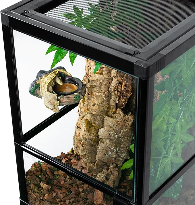 REPTI ZOO Magnetic Crested Gecko Feeding Ledge, Reptile Feeder Ledge with 2PCS Cups, Reptile Water Bowl for Bearded Dragon Lizard Snake, Hollow Vine Food Dish Tank Accessories