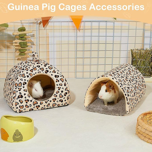 Bienbee Guinea Pig Hideout, Washable Rabbit Bed with Guinea Pig Tunnel, 2 Pack Guinea Pigs Toys Set Bunny Hideout Cage Accessories for Hamster Ferret Rabbits Bunny, Light Khaki Leopard