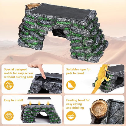 3 in 1 Large Bearded Dragon Basking Platform 13.4x7.1x5.3 in Scape Step Ledge Cave Hideout Natural Rock Reptile Food Bowl Reptile Tank Accessories for Lizard, Geckos, Ball Pythons, Tortoise