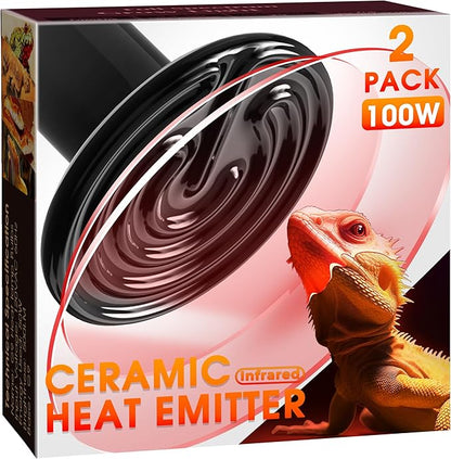 Ceramic Heat Emitter for Reptiles, 75W Heat Lamp Bulb, Ceramic Reptile Heat Bulb Black, No Light Emitting Heat Lamp for Amphibian Pet, Heat Bulb for Bearded Dragon Turtle Snake Lizard, 2 Pack