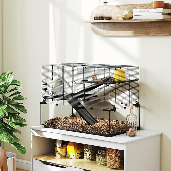 PawHut Large Hamster Cage with Deep Tempered Glass Bottom, 3 Tiers Hamster Tank with Running Wheel, Hut, Water Bottle, Dish, Rat Cage for Syrian, Dwarf, Gerbils, Mouse, 31" x 19" x 21.5", Black