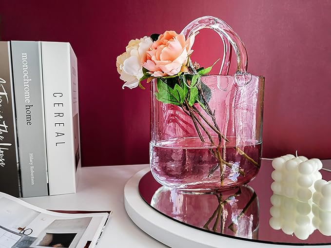 OLEEK Purse vases for Flowers (Handmade) Glass Bag vase -10 Inches- Blue for centerpieces & Fish Bowl - Handbag Unique Flower vase Decorative - Glass Handbag vases for Cute Room Decor