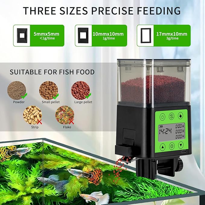 Automatic Fish Feeder for Aquarium with Timer, LCD Display 320ML Large Capacity Adjustable Fish Dispenser, Operated Feeders for Goldfish, Turtle for Vacation, Weekend or Daily Use(Green)