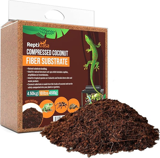 Compressed Coconut Fiber Substrate, 10 lb. Block, Natural Husk Terrarium Bedding, Reptiles, Frogs, Snakes, or Tortoise, Odor and Waste Absorbent Compostable, Organic with High Expansion