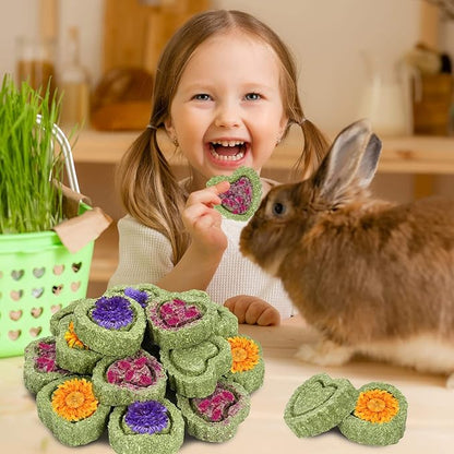 20PCS Bunny Chew Toys, Rabbit Toys for Bunny's Teeth, Chinchilla, Hamster, Guinea Pig & Pig, Organic Timothy Hay Cakes for Teeth Grinding & Dental Health