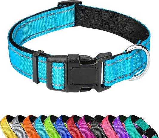 Reflective Dog Collar, Adjustable Soft Neoprene Padded Nylon Pet Collars with Buckle for Medium Dogs, Sky Blue,M