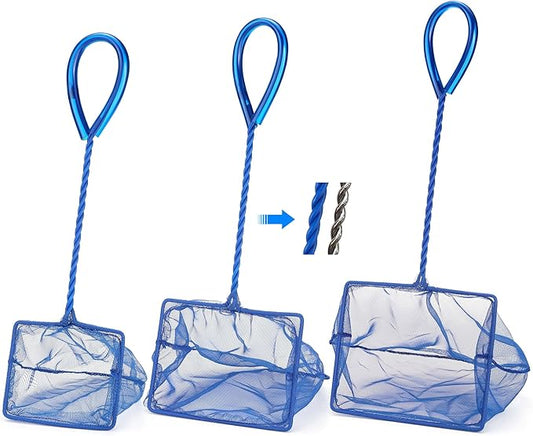 3 Pack Aquarium Net, Multi-Size Fine Quick Fish Catch Nets Extra Soft Nylon Fishing Nets with Plastic Handle for Aquarium Fish Tank Supplies- Blue (4in,5in, 6in)