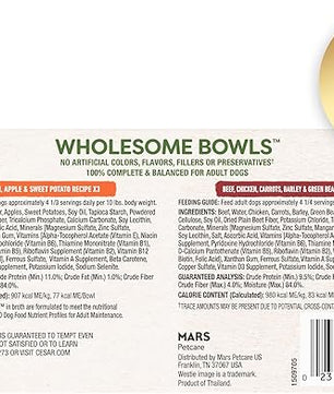 Cesar Wholesome Bowls Adult Wet Dog Food, Beef, Chicken, Carrots, Barley & Green Beans Recipe and Chicken, Apple & Sweet Potato Recipe Variety Pack, 3 oz. (6 Count, Pack of 1)