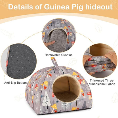 Bienbee Guinea Pig Hideout, Washable Rabbit Bed with Guinea Pig Tunnel, 2 Pack Guinea Pigs Toys Set Bunny Hideout Cage Accessories for Hamster Ferret Rabbits Bunny,Gray Mushroom