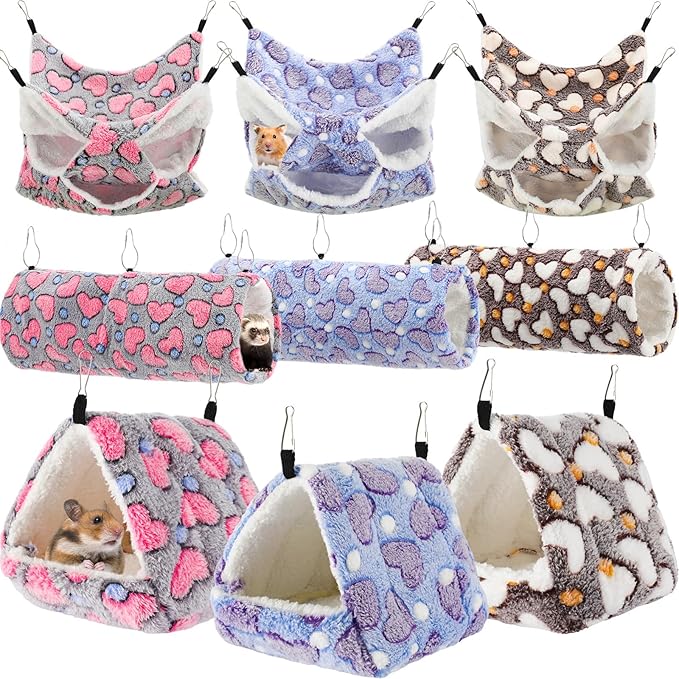 Abbylike 9 Pieces Rat Hammock 3 Tier Guinea Pig Ferret Hammocks Small Pet Hanging Tunnel Glider Toy Guinea Pig Ferret Hideout Bed Cage Accessories for Hamster(Purple, Brown, Gray,Heart)