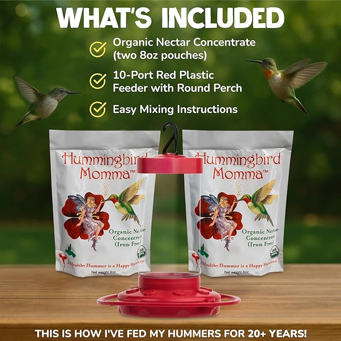 USDA Organic Hummingbird Nectar, Iron-Free, 2 x 8oz Concentrate Pouches with Feeder, All-Natural, Dye-Free USDA Certified Nectar for Outdoor Hummingbird Feeding