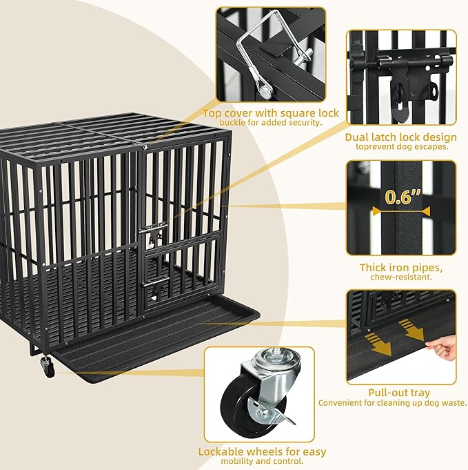 DWVO Heavy Duty Dog Crate, 38 Inch Escape-Proof Dog Cage Indoor Kennel for Medium Small Dogs with Lockable Wheels, 3-Door Design, High Anxiety Dogs Crate with Removable Trays