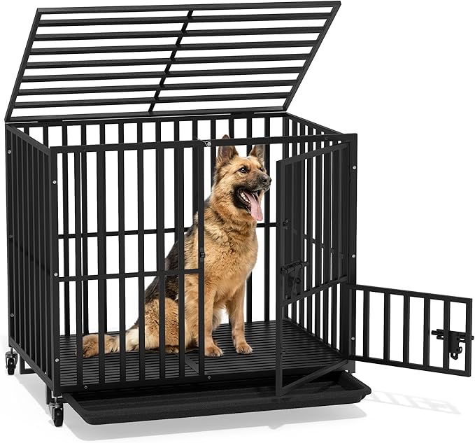 DWVO Heavy Duty Dog Crate, 38 Inch Escape-Proof Dog Cage Indoor Kennel for Medium Small Dogs with Lockable Wheels, 3-Door Design, High Anxiety Dogs Crate with Removable Trays
