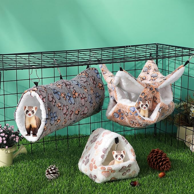 Abbylike 9 Pieces Rat Hammock 3 Tier Guinea Pig Ferret Hammocks Small Pet Hanging Tunnel Glider Toy Guinea Pig Ferret Hideout Bed Cage Accessories for Hamster(Light Brown, White, Black,Paw)
