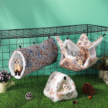 Abbylike 9 Pieces Rat Hammock 3 Tier Guinea Pig Ferret Hammocks Small Pet Hanging Tunnel Glider Toy Guinea Pig Ferret Hideout Bed Cage Accessories for Hamster(Light Brown, White, Black,Paw)