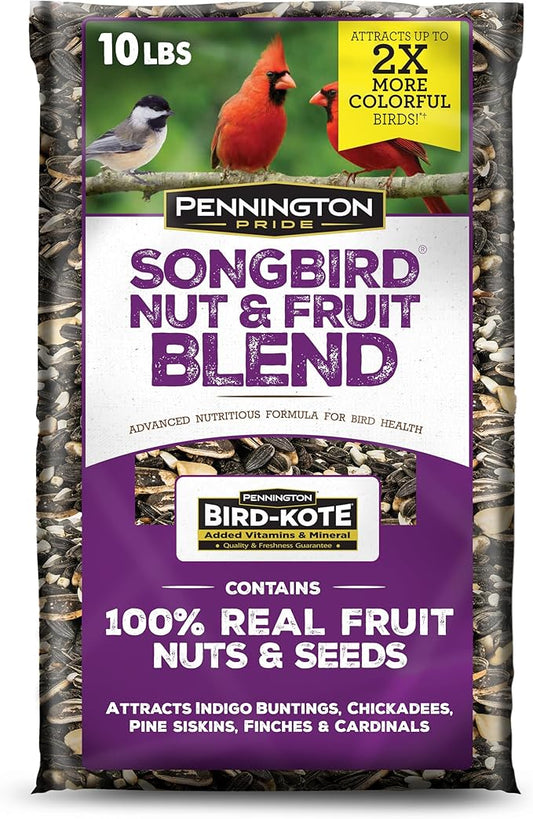 Pennington Pride Songbird Nut & Fruit Blend, Wild Bird Seed for Outside Feeders, Advanced Nutrition Formula for Bird Health, 10-lb. Bag