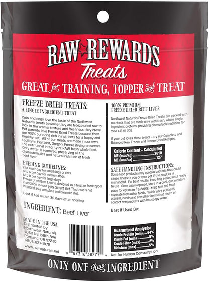 Northwest Naturals Raw Rewards Freeze-Dried Beef Liver Treats for Dogs and Cats - Bite-Sized Pieces - Healthy, 1 Ingredient, Human Grade Pet Food, All Natural, Proudly Made in USA, 3 Oz