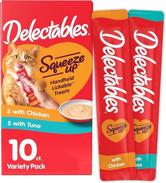 Hartz Delectables Squeeze Up Interactive Lickable Wet Cat Treats for Adult & Senior Cats, Chicken & Tuna, 10 Count,5 oz