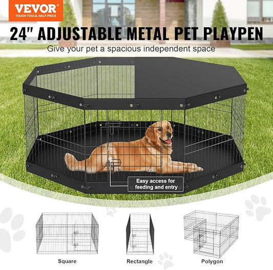 VEVOR Foldable Metal Dog Exercise Pen, Pet Playpen Dog Fence for Camping with Top Cover and Bottom Pad, 24" H 8 Panels, Puppy Crate Kennel Indoor Outdoor for Medium Dogs, Both for Home&Yard
