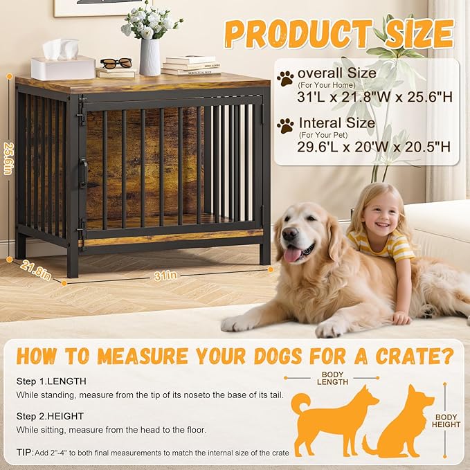 Dog Crate Furniture for Small Medium Dogs, 31'' Heavy Duty Dog Kennel Indoor with Waterproof Top, Decorative Pet House End Table, Furniture Style Wooden Dog Cage as TV Stand