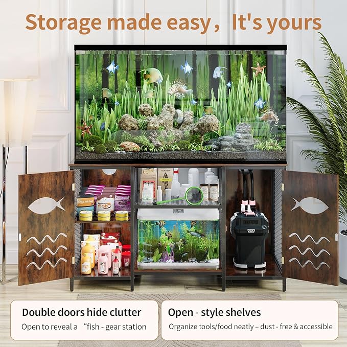 55-75 Gallon Fish Tank Stand with Power Outlet, 48 Inch Aquarium Stand with Cabinet and Shelf, Heavy Duty Metal Rack for Turtle Tank, Reptile Terrarium, 52.7''L×20''W×30.7''H, Retro Brown