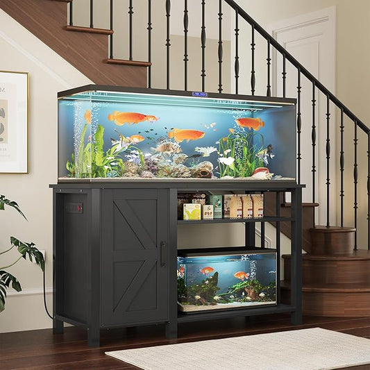 Aquarium Stand with Power Outlets, 55-75 Gallon Heavy Duty Fish Tank Stand with Cabinet Storage & Adjustable Shelf, for Fish Tank, Turtle Tank, Reptile Terrarium, 1000LBS Capacity, Black