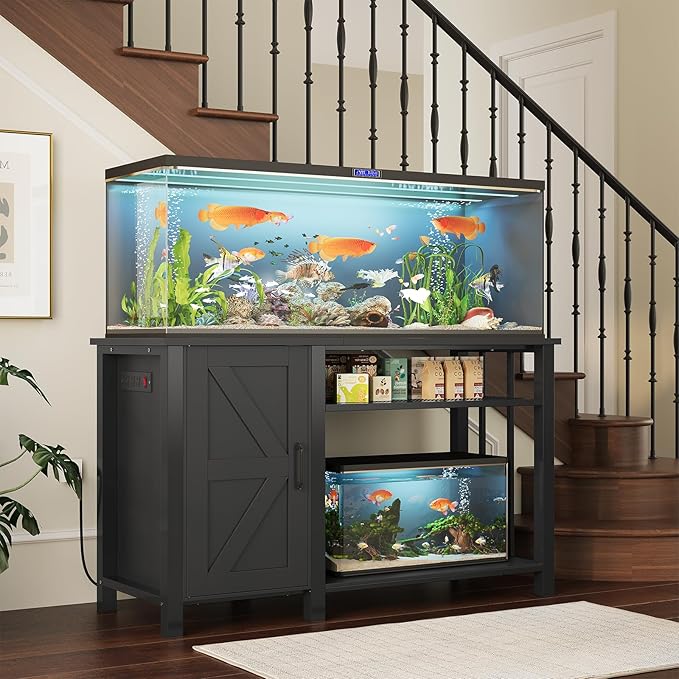 55-75 Gallon Fish Tank Stand with Power Outlet & Adjustable Shelf, Heavy Duty Aquarium Stand with Cabinet Storage for Fish Tank, Turtle Tank, Reptile Terrarium, 1000LBS Capacity, Black