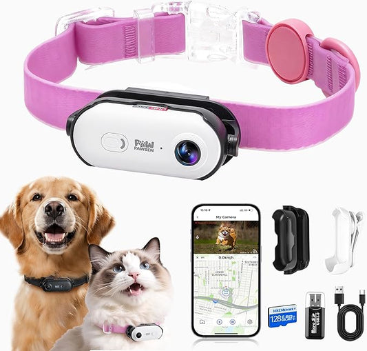 4K UHD Dog& Cat Pet Camera Collar, Video Recorder with Phone App Live View, Outdoor & Indoor POV Action Cam for Small and Medium-Size Dogs(White - Black Nylon Collar - M, 128g)