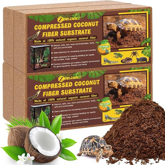 ZeeDix 4 Pack Compressed Coconut Fiber Substrate, 100% Organic Coconut Husk Coir Brick Terrarium Bedding for Reptiles, Tortoise, Bearded Dragon, Leopard Gecko, Snake, Hermit Crabs, Frogs, Tarantula