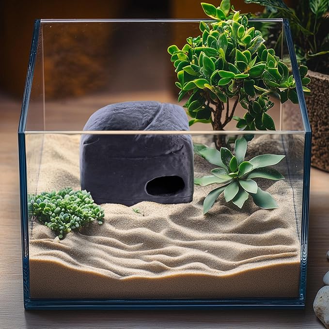 Gecko Cave Reptile Hide – Naturalistic Terrarium Shelter for Geckos, Lizards, Snakes, Bearded Dragons, Tortoises & Other Reptiles - Black