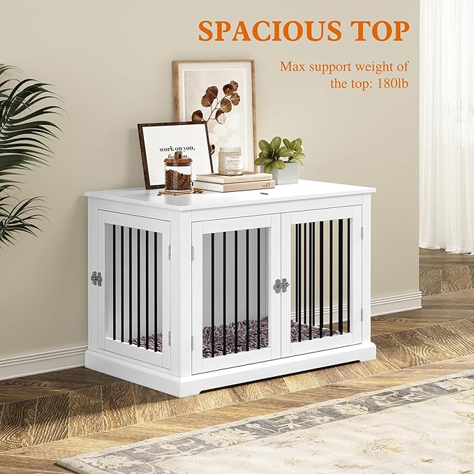 Furniture Style Dog Crate with Cushion, Dog Kennel Medium, Pet Crates, Dog Cage for Small and Medium Dogs, Decorative Dog Kennel with Flip-top Plate, Chew-Proof Metal Bars, White