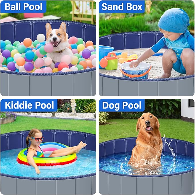 Dog Pool for Large Dogs, Kiddie Pool Hard Plastic, Dog Bathtub Portable, Foldable Pool for Dogs Slip-Resistant (Dark Gray, S - 32'' x 8'')