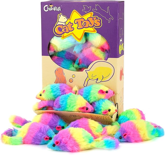 CHIWAVA 24PCS 2.8" Rainbow Color Furry Cat Toy Mice with Rattle Kitten Mouse Interactive Play