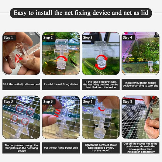 DIY Aquarium Hood 8pcs Aquarium Fish Tank Hood Screen Cover net Clip Holder and 2.15 Feet X 1.73 Feet Aquarium lid top net Kits Suitable for Rimless and rimed Tank