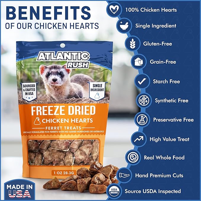Freeze Dried Small Pet Treats - Resealable Bag of Treats for Ferrets - Ferret Snacks - Single Ingredient Ferret Food With No Preservatives Or Fillers- Small Animals Treats (1oz, chicken Heart)