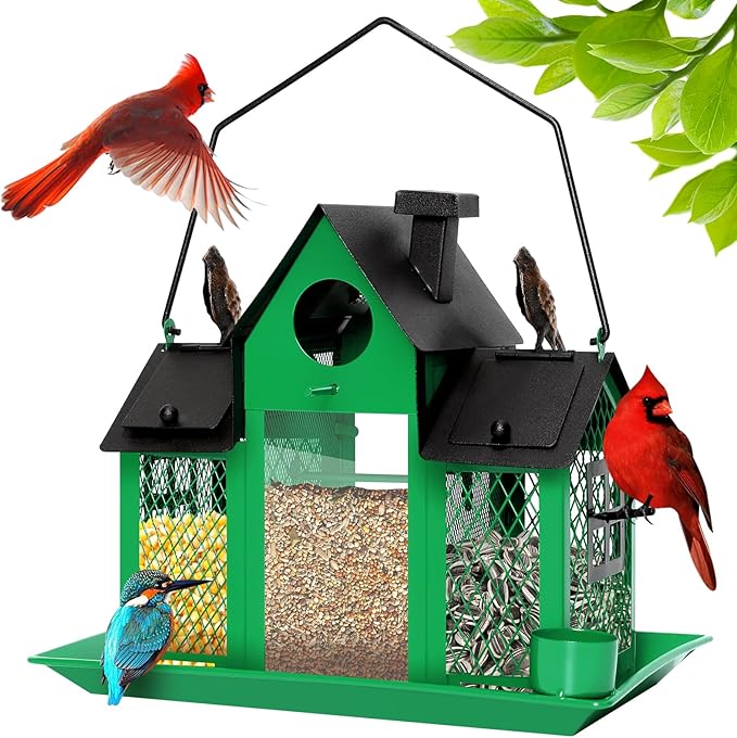Solar Bird Feeders House for Outdoors Hanging, 7LBS Large Capacity Metal Wild Bird Feeder Squirrel Proof for Outside with Water Cup, Cardinal Birdfeeder Birdhouses Gift for Bird Lovers (Green)