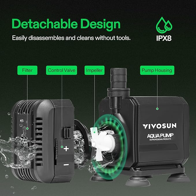 VIVOSUN 400GPH Submersible Pump(1500L/H, 15W), Ultra Quiet Water Pump with 5.2ft High Lift, Fountain Pump with 5ft Power Cord, 3 Nozzles for Fish Tank, Pond, Aquarium, Statuary, Hydroponics