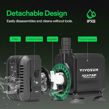 VIVOSUN 400GPH Submersible Pump(1500L/H, 15W), Ultra Quiet Water Pump with 5.2ft High Lift, Fountain Pump with 5ft Power Cord, 3 Nozzles for Fish Tank, Pond, Aquarium, Statuary, Hydroponics