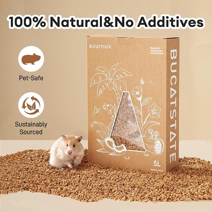 BUCATSTATE Cork Bedding 5L, Natural Hamster Bedding Odor Control for Dwarf Syrian Hamsters, Gerbils, Mice, Low-dust Hamster Substrate with Paper Hideout Box (Grain 2-4mm)