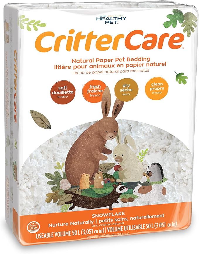 CritterCare Natural Snowflake Paper Small Pet Animal Bedding - Odor Control, Unscented, 99% Dust Free, Super Absorbent, White, 50L, Great for Rabbits, Guinea Pigs, Hamsters, Gerbils, Mice, Rats
