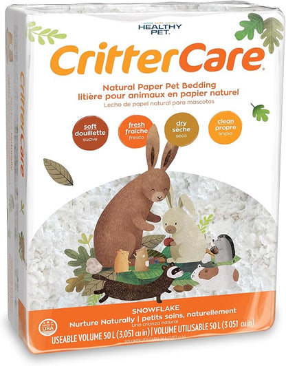 CritterCare Natural Snowflake Paper Small Pet Animal Bedding - Odor Control, Unscented, 99% Dust Free, Super Absorbent, White, 50L, Great for Rabbits, Guinea Pigs, Hamsters, Gerbils, Mice, Rats