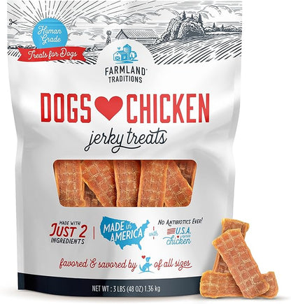 Farmland Traditions Dogs Love Chicken Jerky Dog Treats, Premium Two-Ingredient Dog Jerky with USA-Raised, Human-Grade Chicken & No Antibiotics Ever, 3-Pound Bag