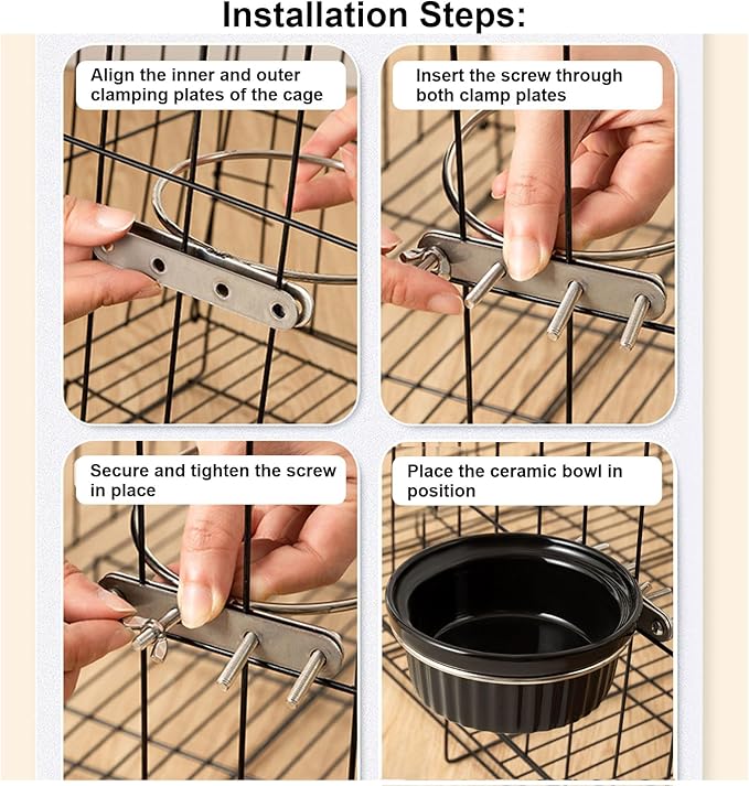 Rabbit Hanging Ceramic Bowl, Removable Cage Feeder Thick Ceramic Bowl with Stainless Steel Support Ring Pet Water Food Bowl for Small Animal Chinchilla Ferret Small Dog & Cat (4.92 * 1.97”) (Black)