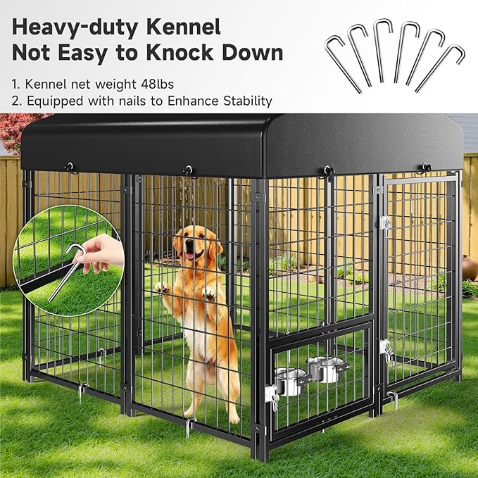 Outdoor Dog Kennel with Roof, Weatherproof Dog Kennel Outside with Swivel Feeders & Removable Doggy Door, Backyard Dog Run Playpen Pet Enclosures for Medium to Large Dogs (5'L x 5'W x 5'H)