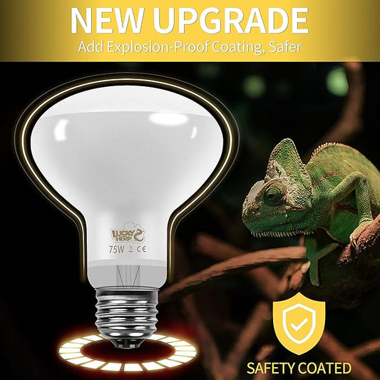 LUCKY HERP New Upgrade 75W Reptile Heat Lamp Bulb (3rd Gen, Safer), Amphibian Basking Spot Light Bulb, UVA Reptile Daylight Bulb for Turtle, Bearded Dragon, Lizard Heating Use (2 Pack)