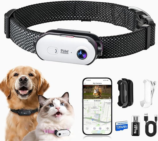 4K UHD Dog& Cat Pet Camera Collar, Video Recorder with Phone App Live View, Outdoor & Indoor POV Action Cam for Medium-Size and Big Dogs(White - Black Nylon Collar - L, 128g)