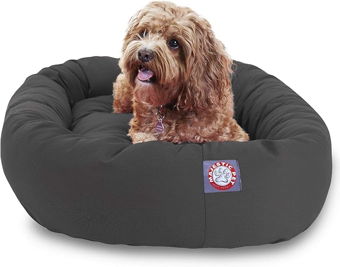 Majestic Pet 32 Inch Bagel Calming Dog Bed - Washable, Cozy Soft Round With Spine Support - Fluffy Donut 32x23x7 Inch for Medium Dogs to Rest Their Head - Gray