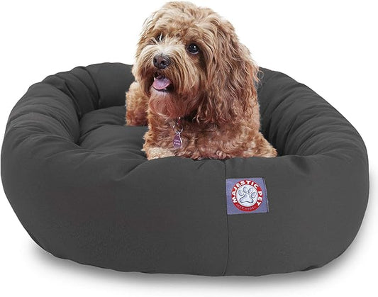 Majestic Pet 32 Inch Bagel Calming Dog Bed - Washable, Cozy Soft Round With Spine Support - Fluffy Donut 32x23x7 Inch for Medium Dogs to Rest Their Head - Gray