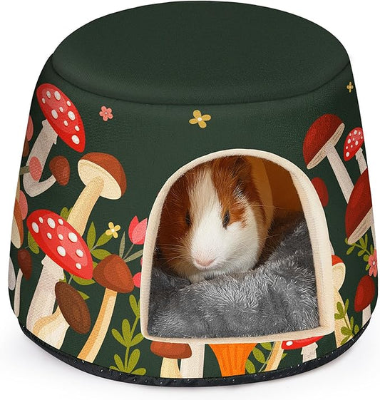 Glittme Guinea Pig Hideout, 2 in 1 Guinea Pig Bed with Removable Pad, Washable Bunny Bed, Foldable Guinea Pig Accessories for Guinea Pig Cages, Guinea Pig, Bunny, Hamster, Hedgehog, Rabbit,Mushroom